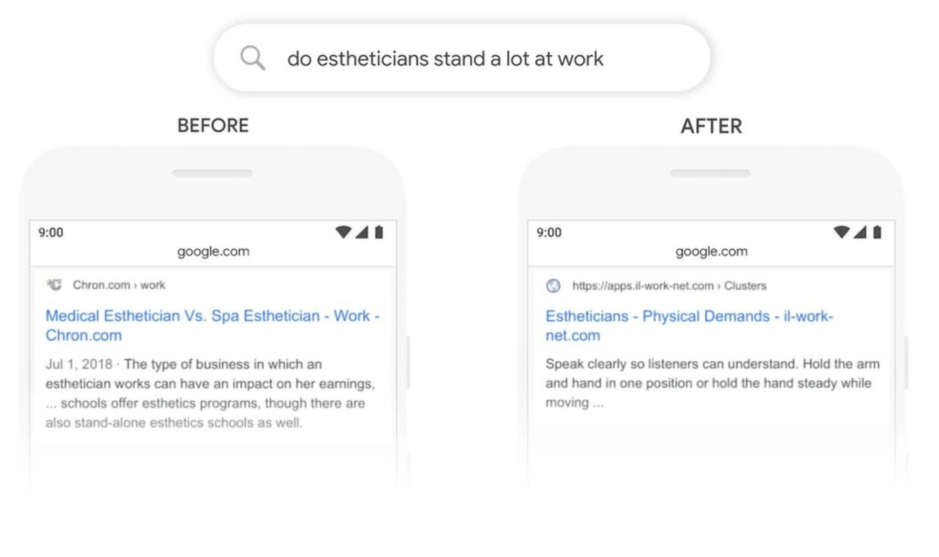 two google queries showing the different results before and after BERT update