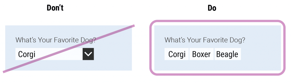 A graphic to show an example of changing a dropdown menu to a short button list as a mobile form design strategies.