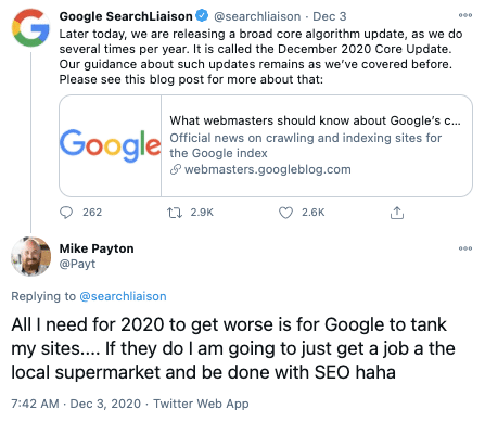 google core update tweet reply