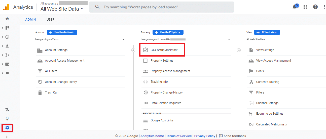 Screen shot of Universal Analytics property showing where to find Google Analytics 4 set up assistant.