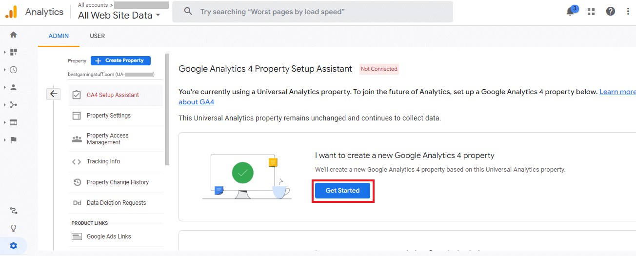 Screen shot of new Google Analytics 4 property and getting started with setting it up.