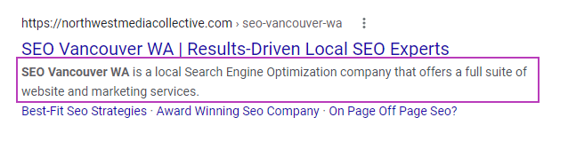 A screen shot of NWMC's SEO Vancouver search result with the meta description highlighted in a purple box.