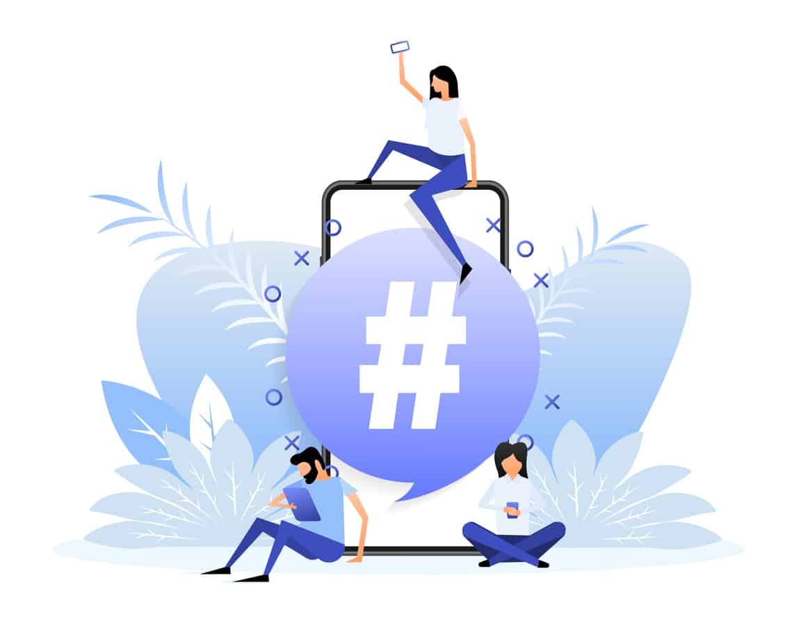 A graphic design image of people sitting on their phones with a large hashtags on the screen.