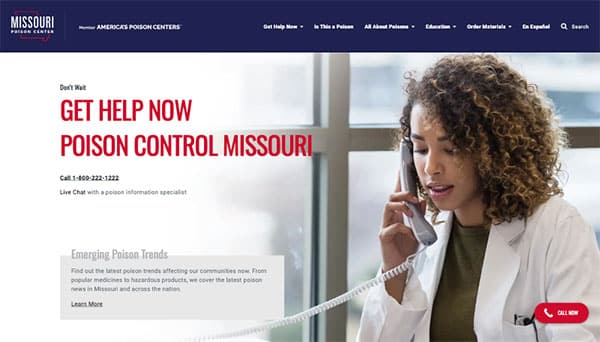 screenshot of missouri poison center website on desktop