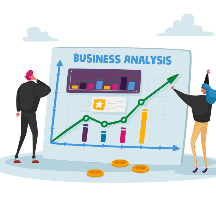 A vector image of two marketers looking at business analytics for a B2B marketing agency.