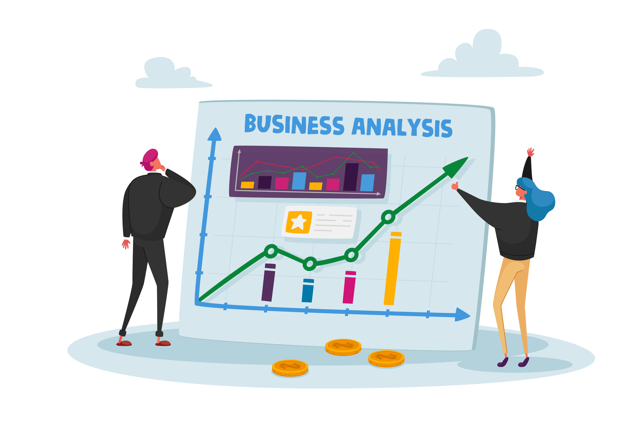 A vector image of two marketers looking at business analytics for a B2B marketing agency.