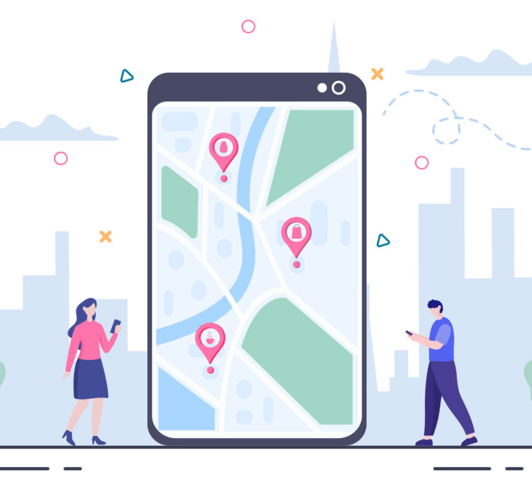 Vector illustration of two people on their phones looking up local businesses to represent local SEO agency.