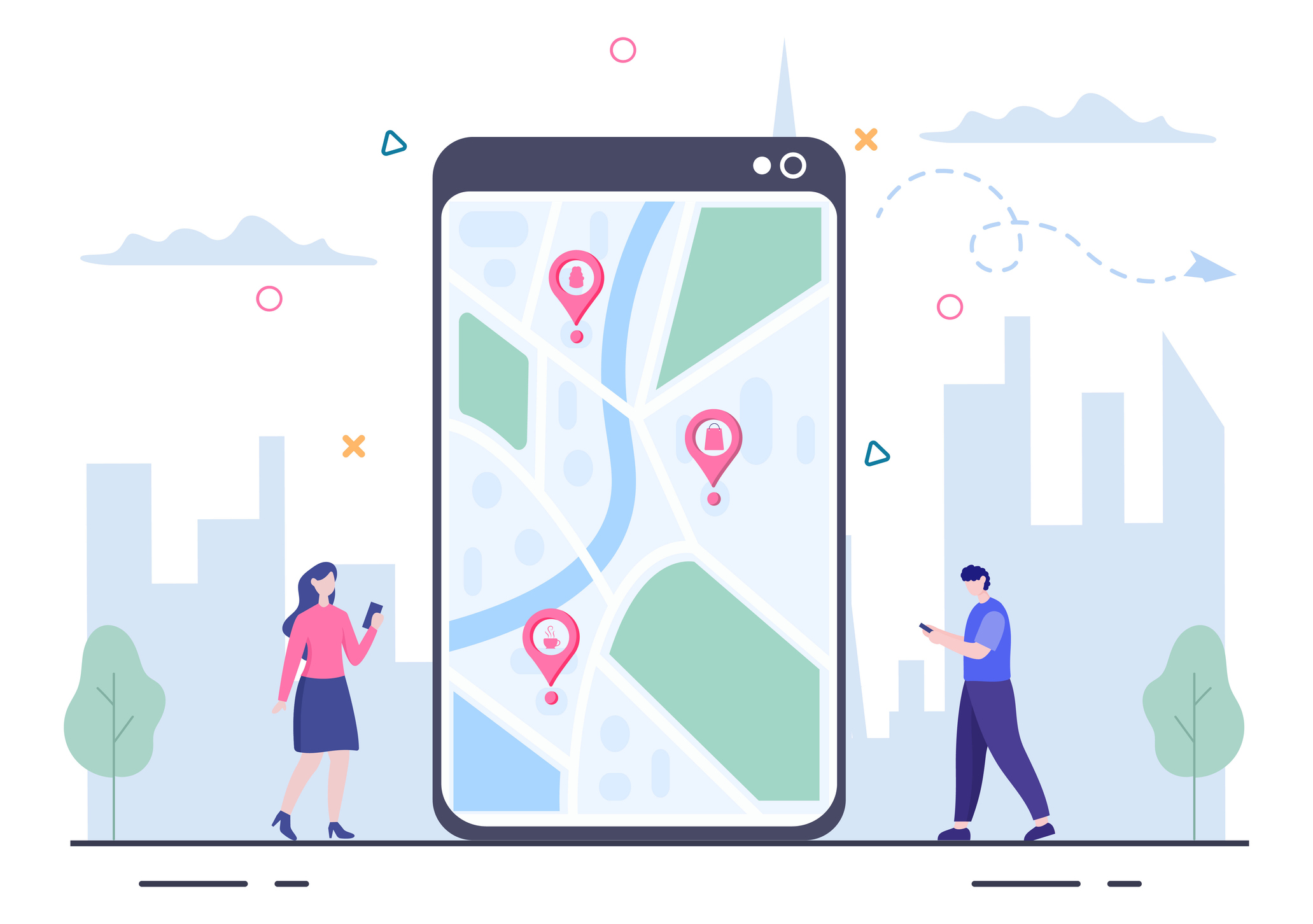 Vector illustration of two people on their phones looking up local businesses to represent local SEO agency.