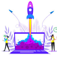 A vector image of a laptop with a rocket shooting out of it to represent website speed optimization.