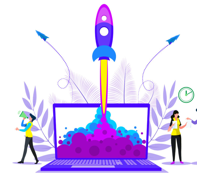 A vector image of a laptop with a rocket shooting out of it to represent website speed optimization.