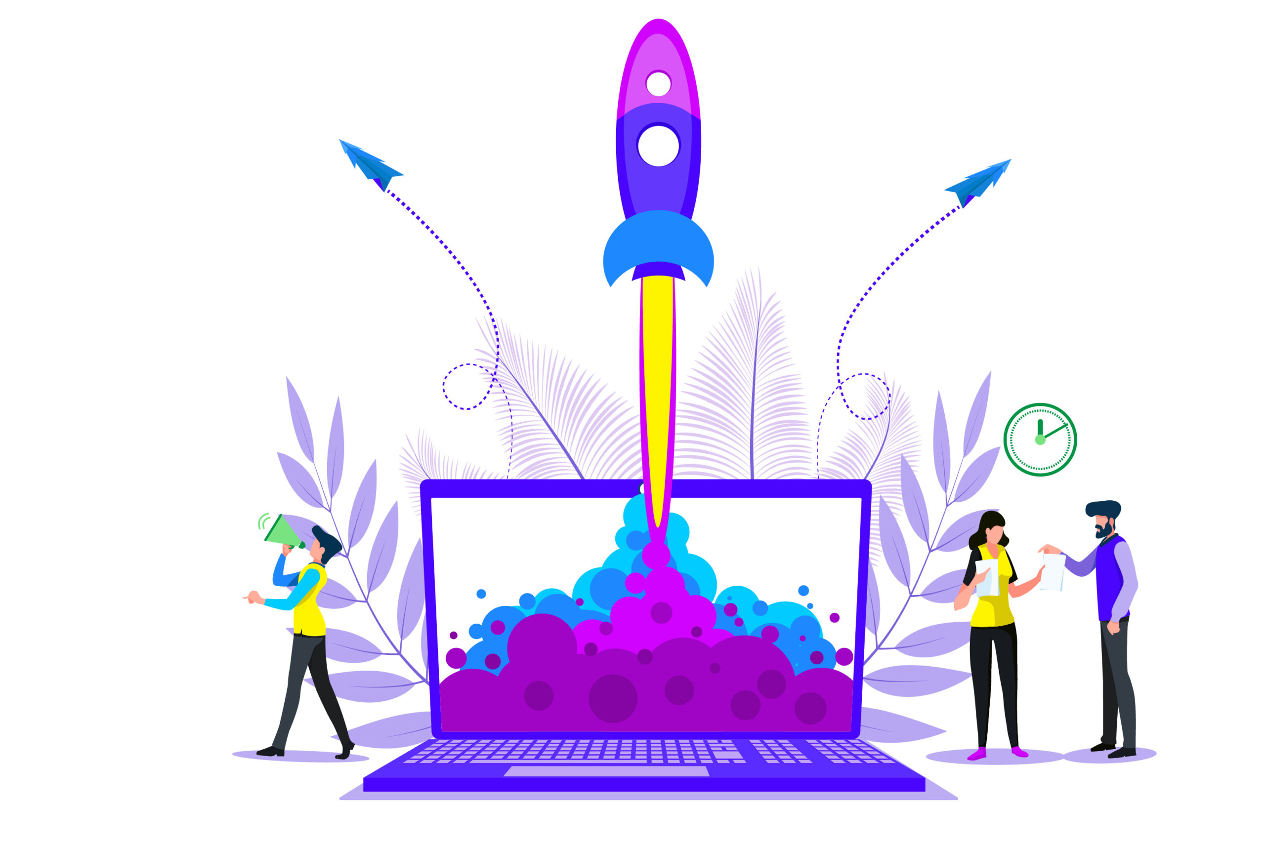 A vector image of a laptop with a rocket shooting out of it to represent website speed optimization.